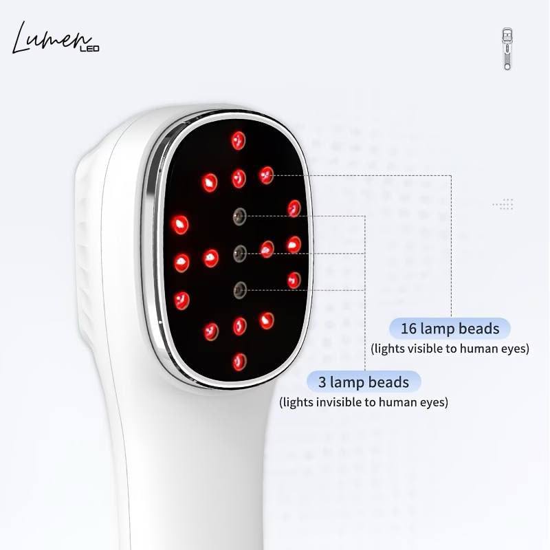 White electronic led therapy device with red lamp beads on a white background, featuring Lumen LED branding.
