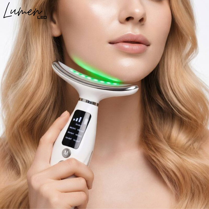 Woman using a skincare device with green light on her face, brand 'Lumen' visible.