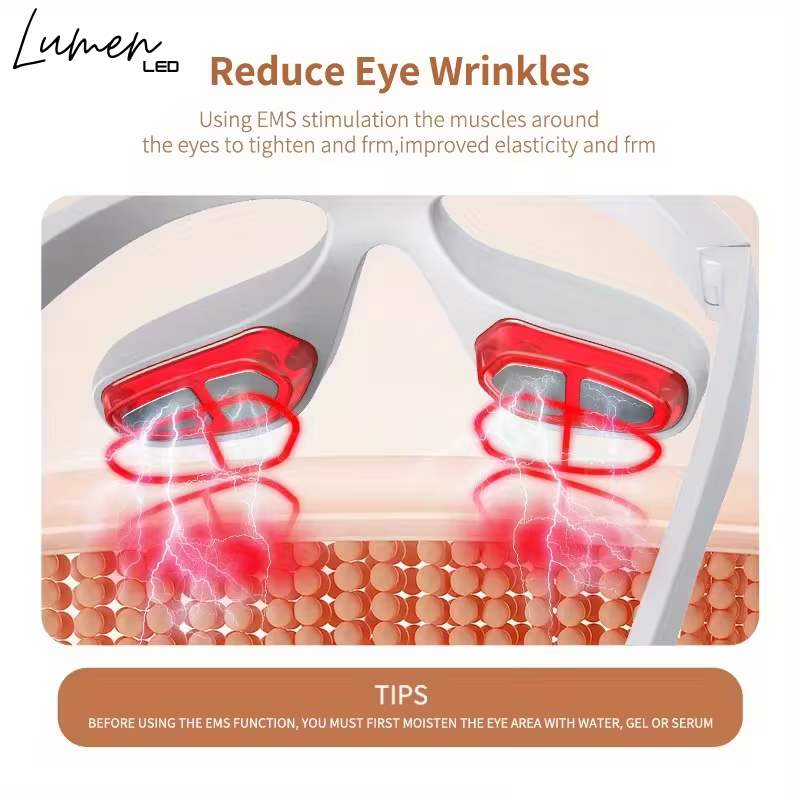 Eye wrinkles reduction device with Lumen LED branding and text on a white background.