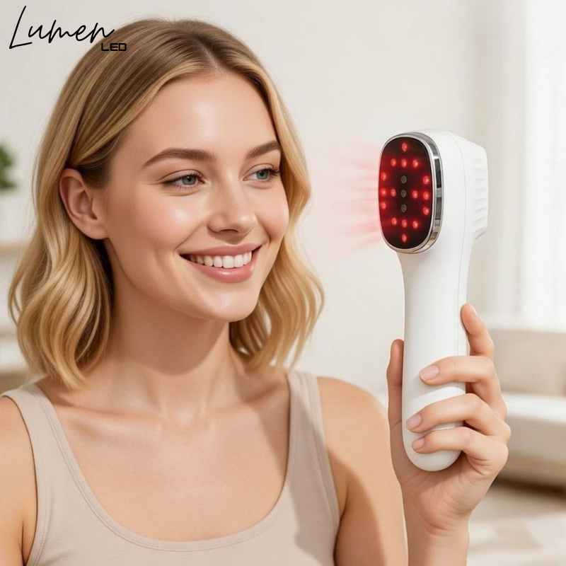 Woman holding a white led therapy electronic device with red lights, smiling in a bright room.
