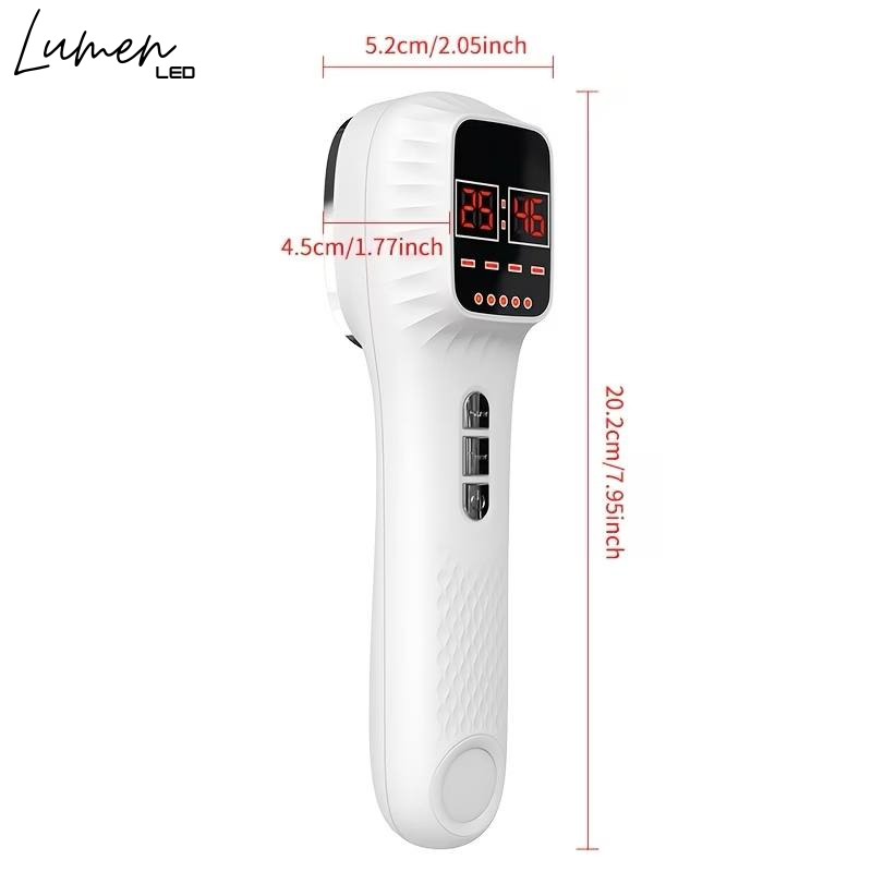 White electronic led therapy device with digital display and measurements on a white background