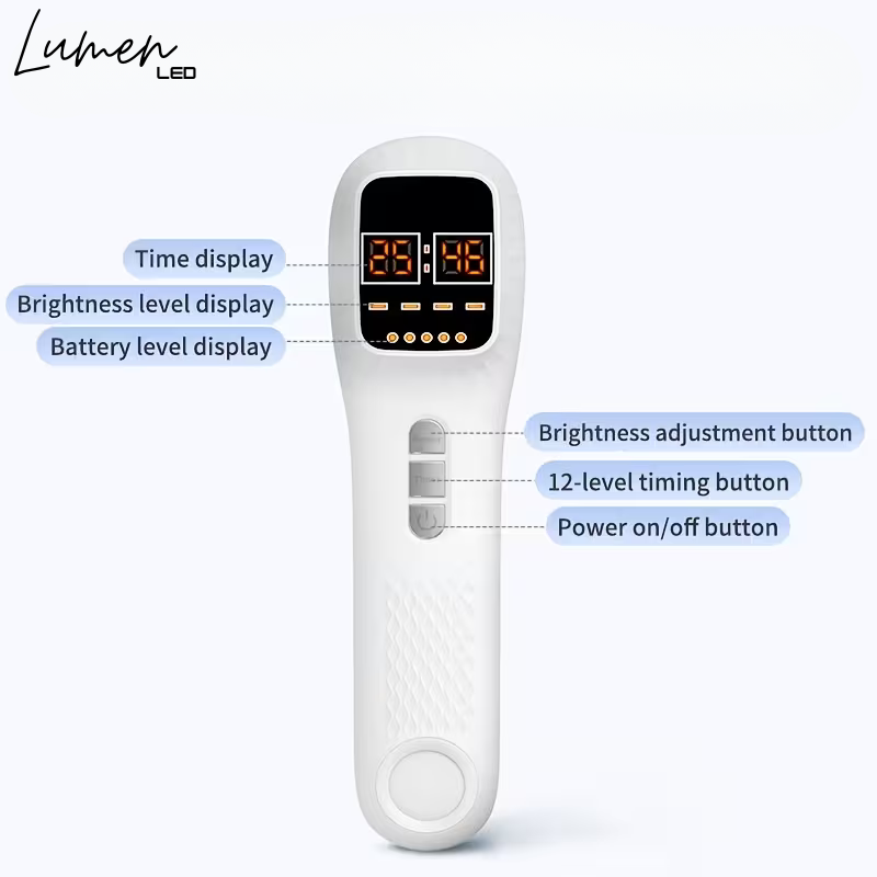 White electronic led therapy device with display and buttons on a white background, labeled for features.