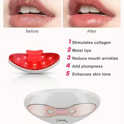 Lip treatment device with 'Before' and 'After' effects on lips, showing text benefits.