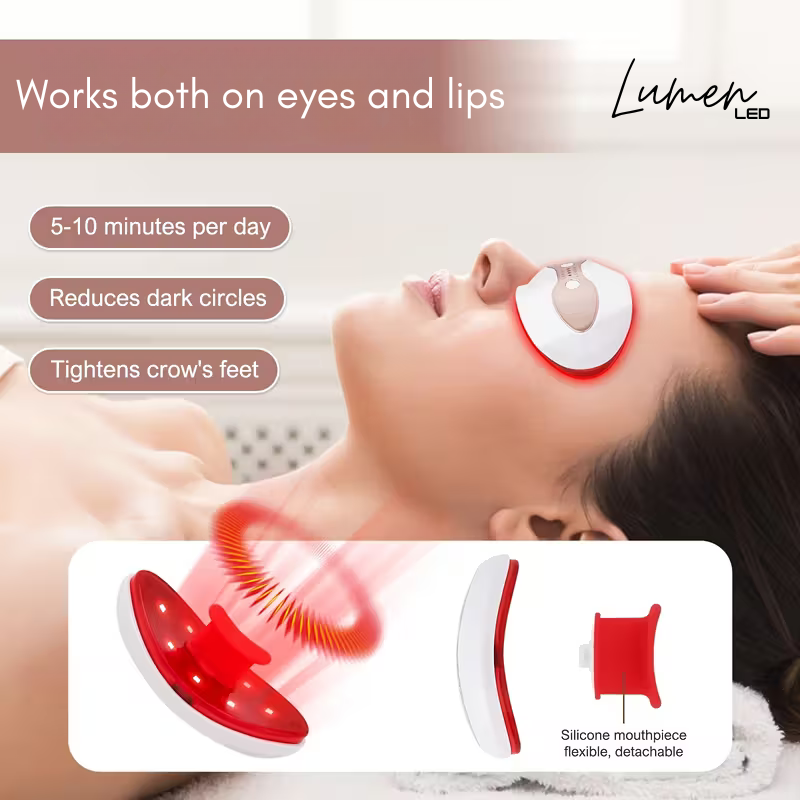 Person using a therapy device on their face with text highlighting its benefits and features.