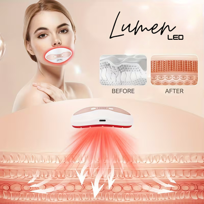 Woman using a Lumen LED device on her neck with 'Before' and 'After' skin diagrams.