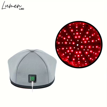 Gray headband with LED light on a white background, featuring Lumen LED branding.