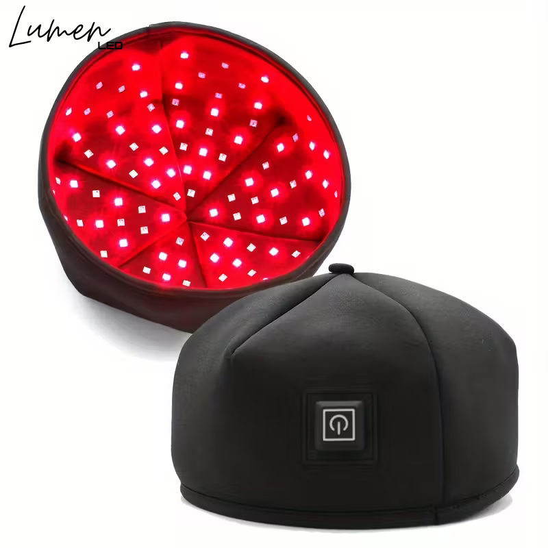 Black therapy cap with LED light on a white background, featuring the brand 'Lumen'.