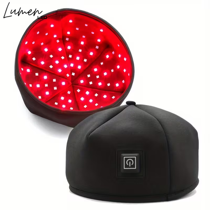 Black therapy cap with LED light on a white background, featuring the brand 'Lumen'.
