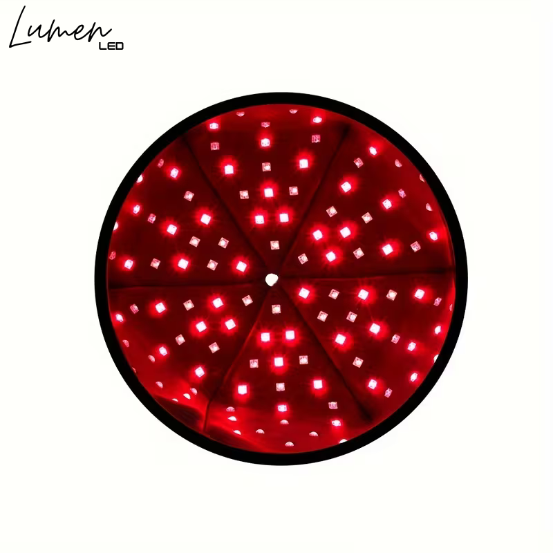 Circular LED light with red illumination on a white background, branded 'Lumen LED'.