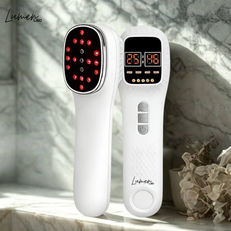 Two white led therapy electronic devices with LED lights on a marble surface