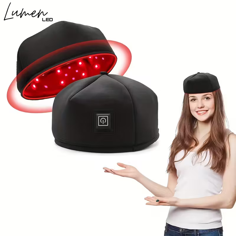 Black LED head therapy cap with red lights and a woman holding it on a white background, Lumen LED brand visible.