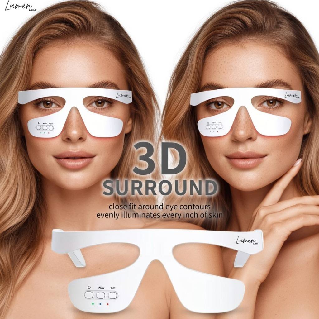 Woman wearing a white eye  therapy mask with '3D Surround' text and product branding.