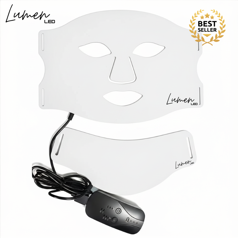 White LED therapy face mask with control device on a white background, featuring the Lumen LED brand.