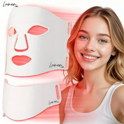 Woman with glowing skin next to a Lumen LED face mask on a white background
