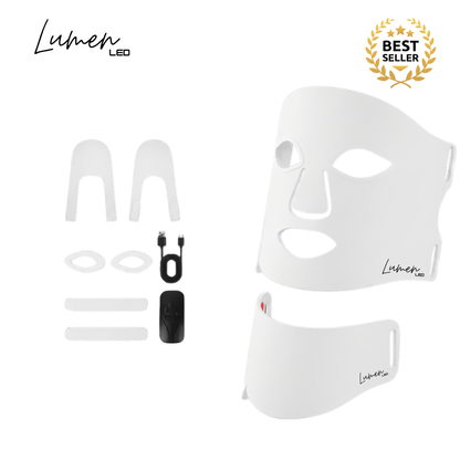 White LED face mask with components and Lumen logo on a white background
