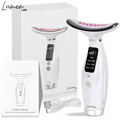 White facial therapy device with packaging and USB cable on a white background