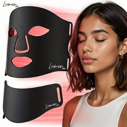 Black LED therapy face mask with pink accents and 'Lumen' branding, next to a woman with closed eyes.