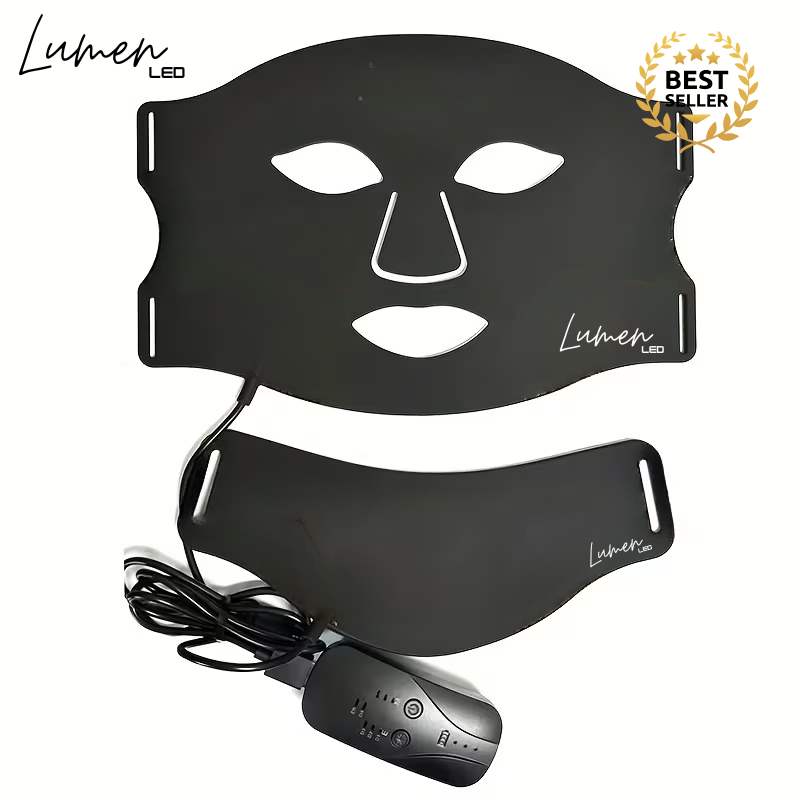 Black LED face therapy mask with control device on a white background, featuring Lumen branding.