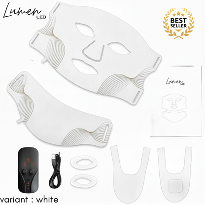 White LED face mask set with accessories on a white background, featuring Lumen branding.