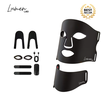 Black facial therapy mask with components and Lumen LED branding on a white background